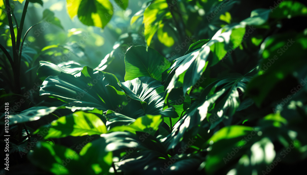 Obraz premium A close-up view of lush, green foliage with leaves of various shapes and sizes, creates a dense, natural background.