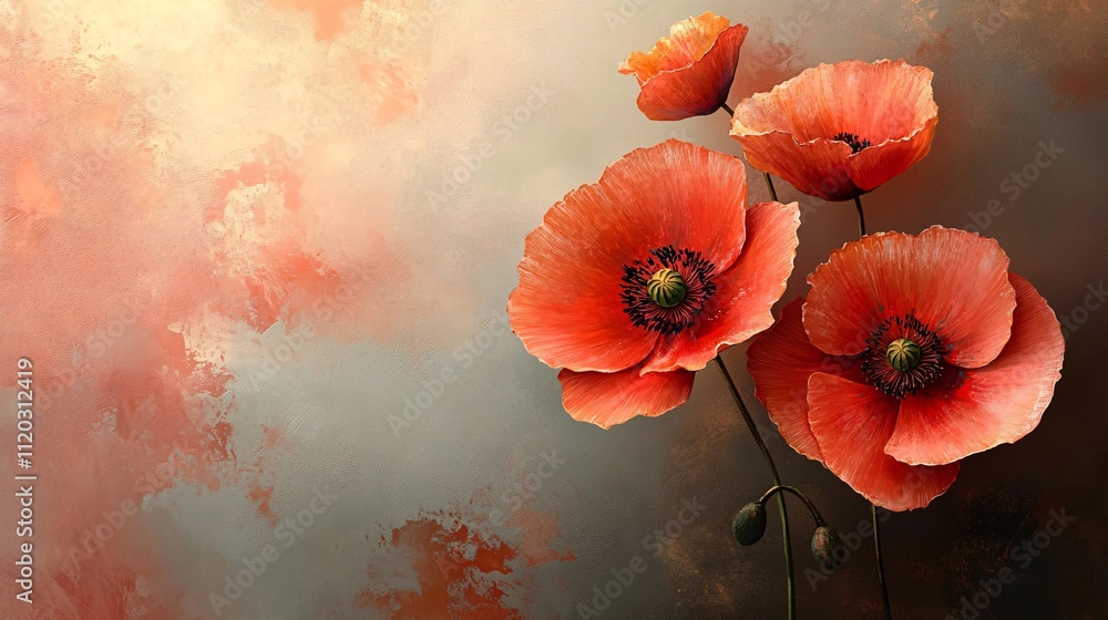 Obraz premium A beautiful depiction of vibrant red poppy flowers against a soft, muted background, evoking a sense of tranquility and natural beauty.