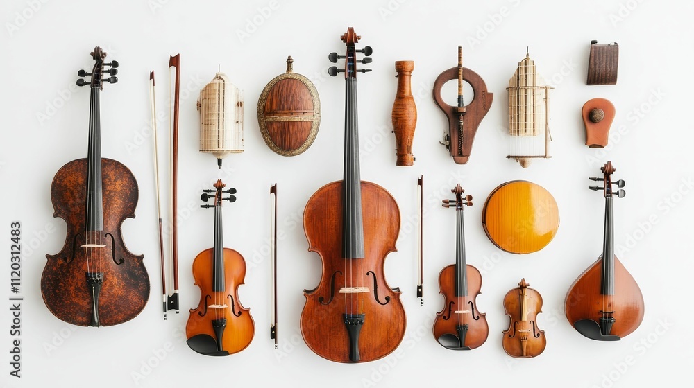 Fototapeta premium Stringed instruments and musical boxes arranged neatly.