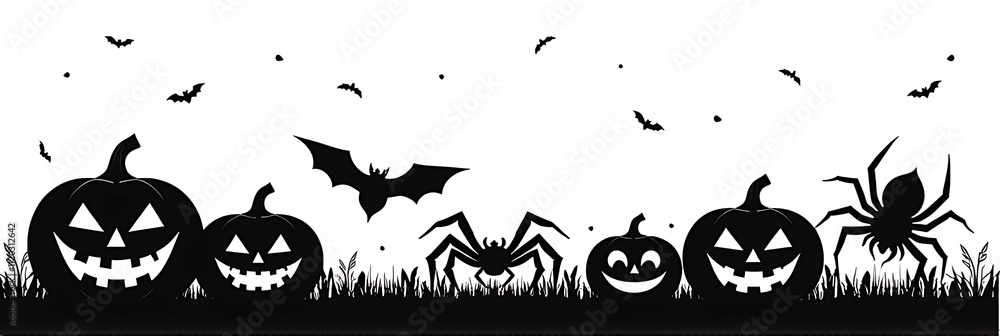 Pumpkins, bats, spiders, and a centipede are arranged in silhouette against an isolated white background with plenty of empty space for text or logos._00001_