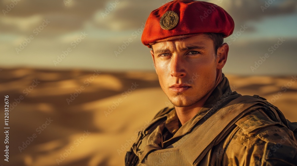 A soldier stands proud in the desert landscape. His intense gaze reflects determination and strength. The sun sets behind him, casting a golden glow. Generative AI A soldier stands proud in the desert landscape. His intense gaze reflects determination and strength. The sun sets behind him, casting a golden glow. Generative AI