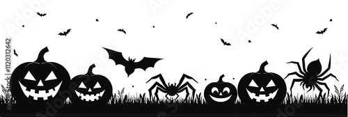 Obraz na płótnie Pumpkins, bats, spiders, and a centipede are arranged in silhouette against an isolated white background with plenty of empty space for text or logos._00001_ w salonie