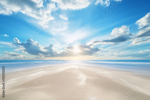 pristine beach with a radiant sunrise casting light across smooth sand and calm ocean under a vibrant blue sky with soft clouds

