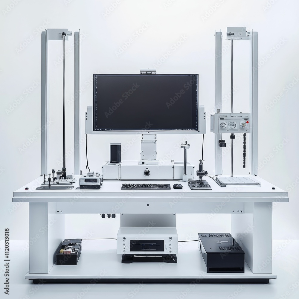 White lab table with computer, precision instruments, and control panels. White lab table with computer, precision instruments, and control panels.