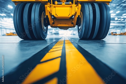 Construction vehicle close-up on yellow marked road in industrial warehouse setting photo