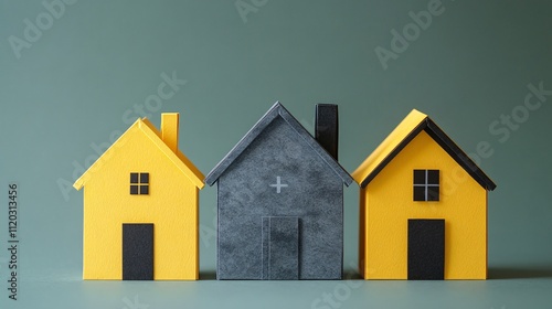 Three stylized houses in yellow and gray, set against a muted green background, showcasing a modern design and minimalist aesthetic.