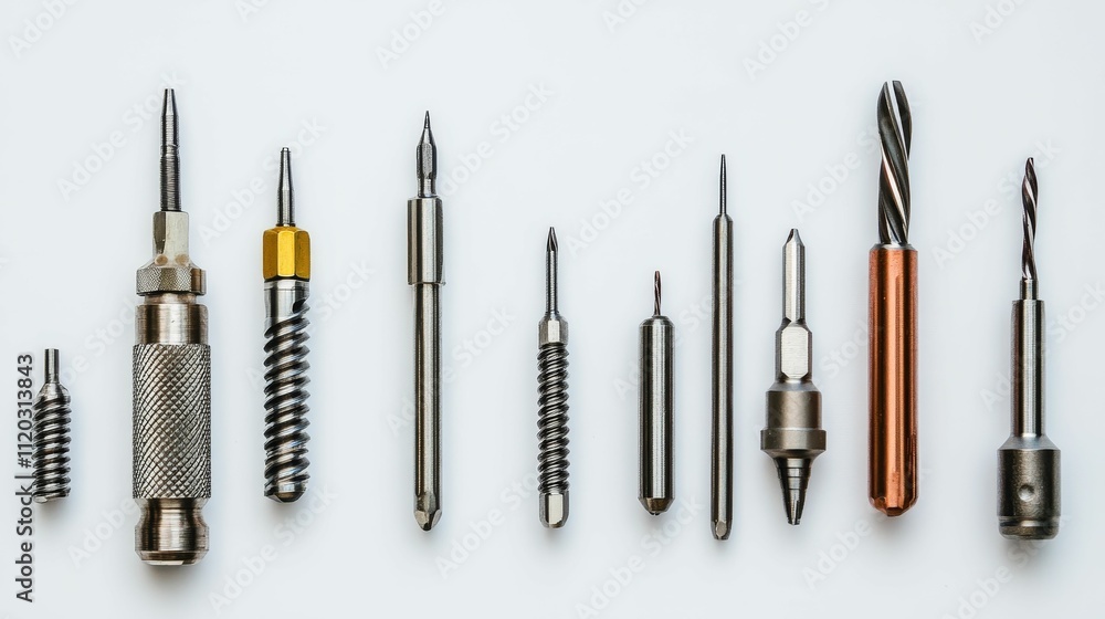 Precision metal tools arranged in a row. Precision metal tools arranged in a row.