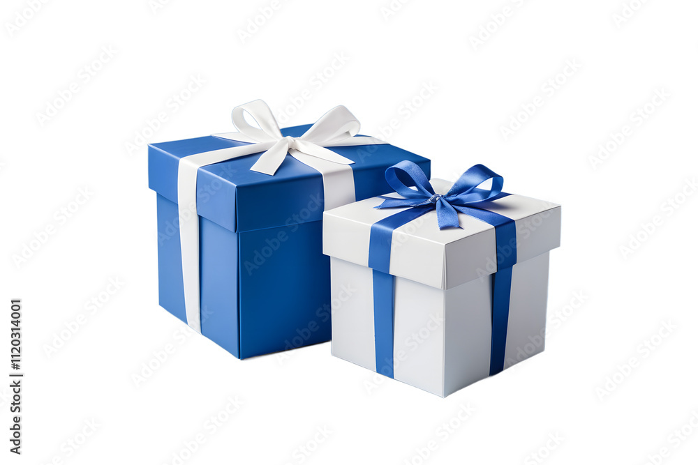Obraz premium Two beautifully wrapped gift boxes, blue and white, ready for a special occasion.