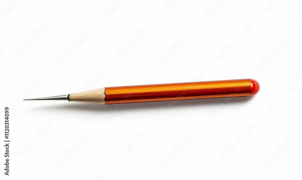 Orange pencil, pointed tip, metallic casing.