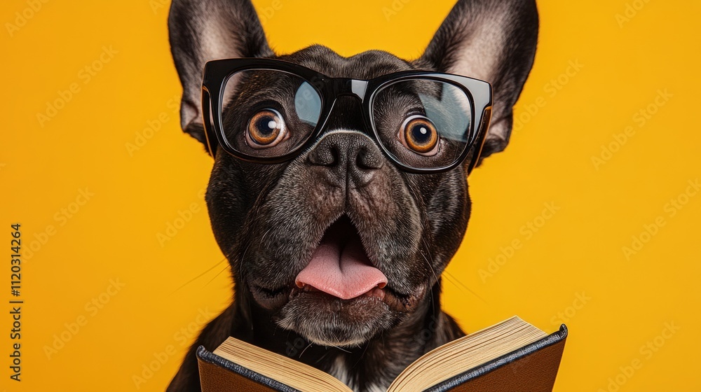 Smart French Bulldog puppy dog wearing glasses reading a book. Smart French Bulldog puppy dog wearing glasses reading a book.
