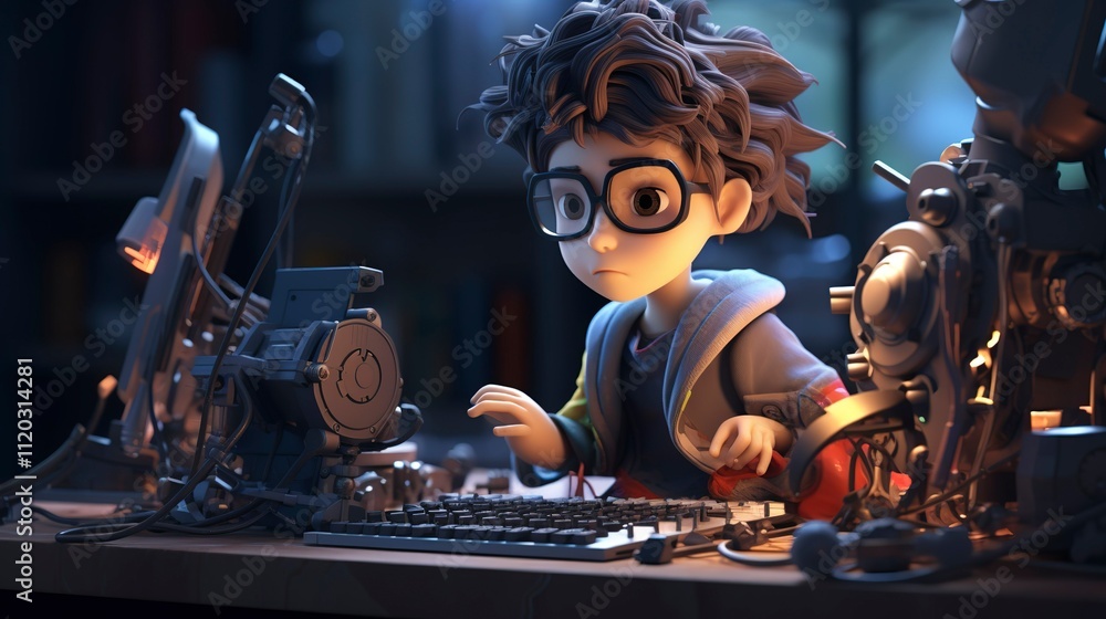Naklejka premium A photo of a 3D character using a computer for engine