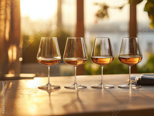 Amber spirit tasting experience at golden hour minimalist crystal glasses on warm wooden surface elegant atmosphere photo