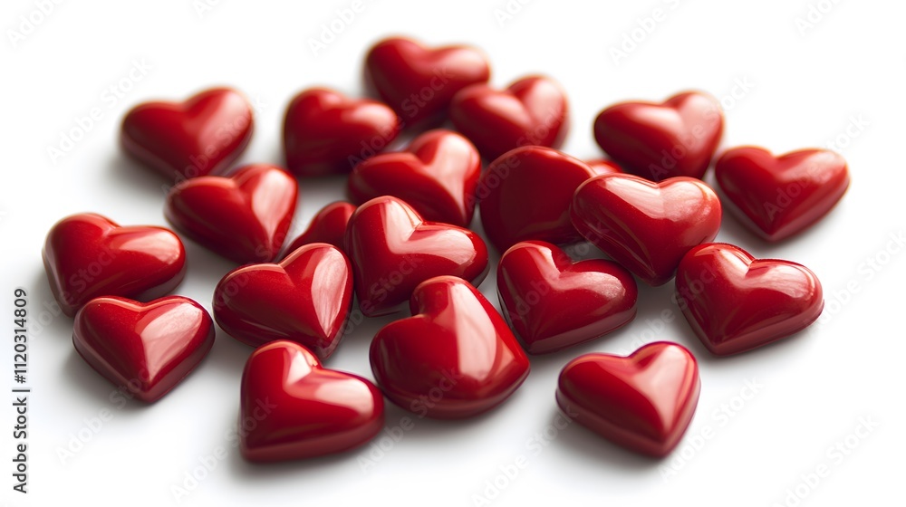 Many Shiny Red Hearts Arranged on White Background Many Shiny Red Hearts Arranged on White Background