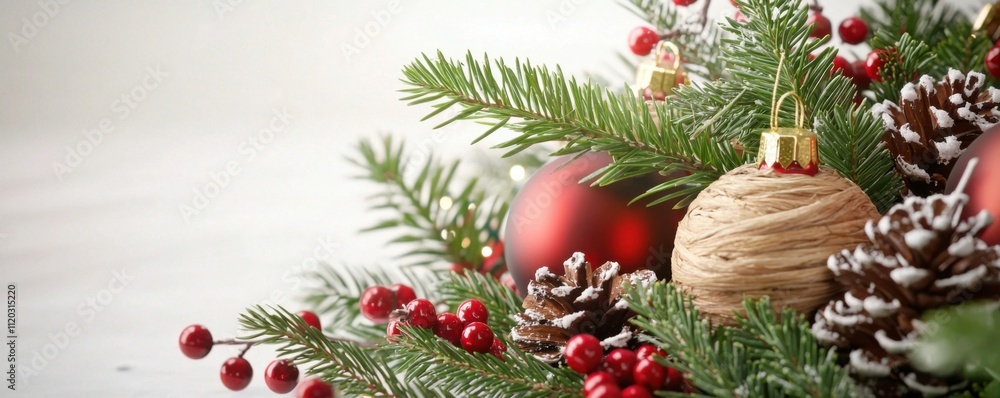 A festive arrangement of pine branches, red ornaments, and pinecones, capturing the essence of Christmas decorations. A festive arrangement of pine branches, red ornaments, and pinecones, capturing the essence of Christmas decorations.