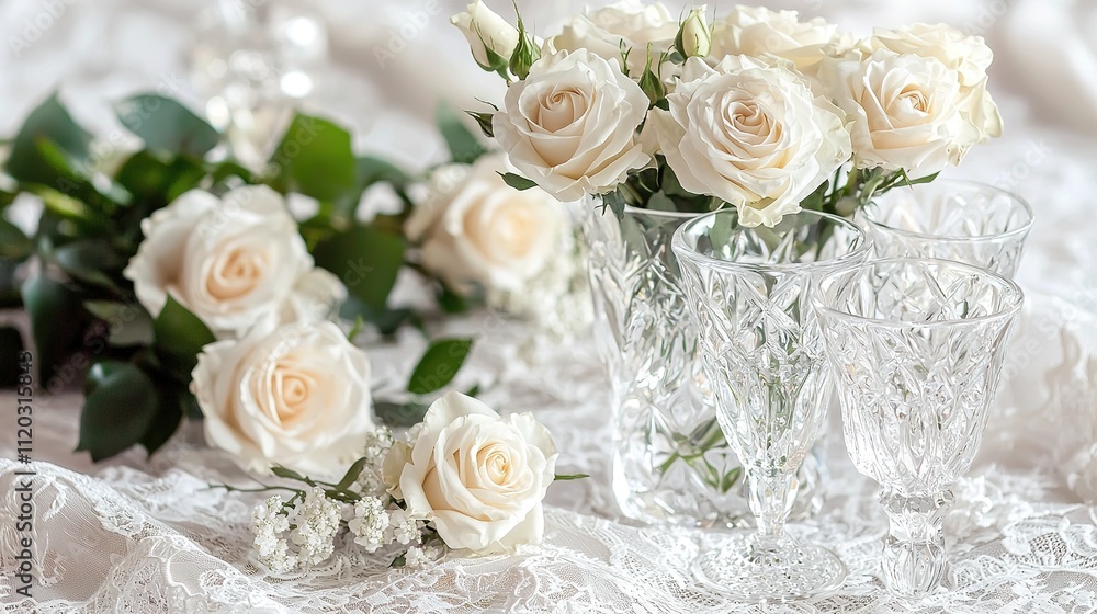 A serene arrangement of white roses in crystal vases, set against a delicate lace background, evoking elegance and romance. A serene arrangement of white roses in crystal vases, set against a delicate lace background, evoking elegance and romance.