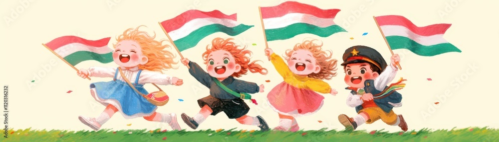 Naklejka premium Kids Celebrating With Small Flags Children Running With Flags Joyful Festive Spirit Of Youthful Energy In Vibrant Outdoor Setting