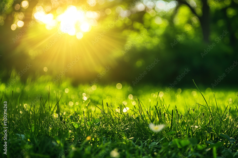 Obraz premium sunlight streaming through trees onto lush green grass with sparkling dewdrops creating a serene and vibrant natural setting 