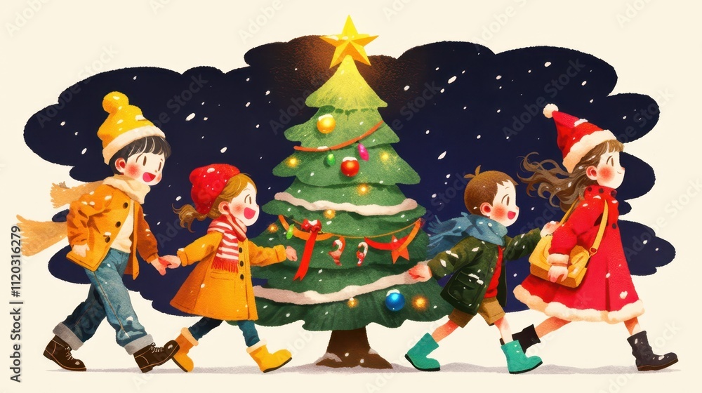 Naklejka premium Kids Crafting Festive Garlands Together Around a Beautifully Decorated Christmas Tree Celebrating Holiday Cheer and Joyful Moments
