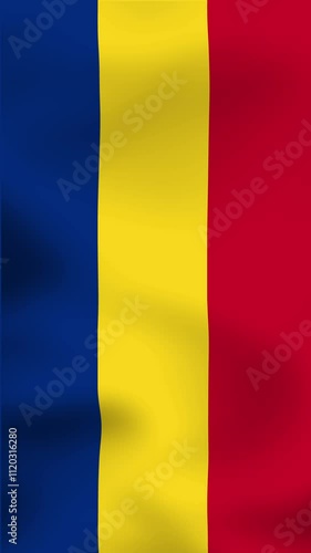 Vertical, portrait video waving national flag of Romania. Smooth animation with highly detailed, realistic animated background for social media, screens smartphone. Cloth motion, official colors.