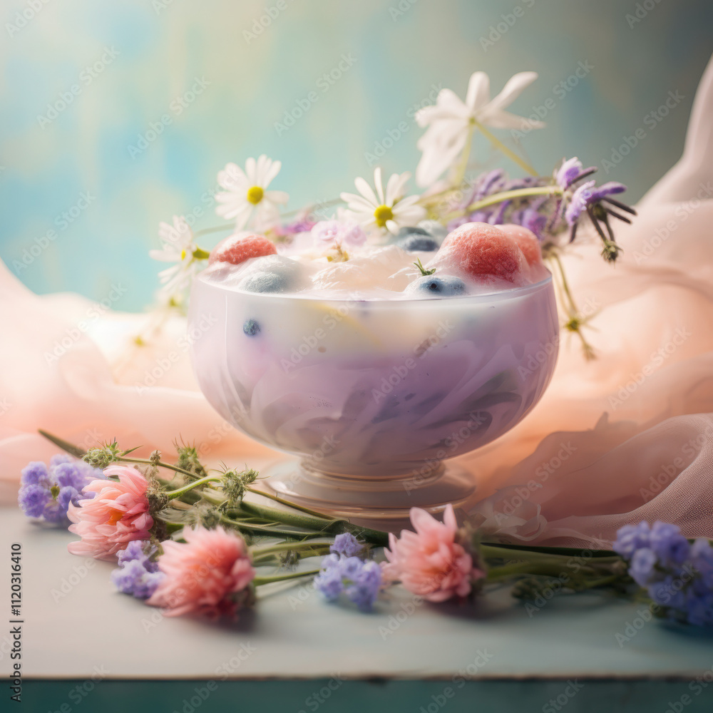 Create a creamy herbal tonic with fresh ingredients in a soft pastel gradient setting for a refreshing drink experience Create a creamy herbal tonic with fresh ingredients in a soft pastel gradient setting for a refreshing drink experience