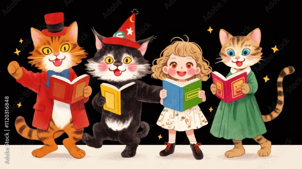 Fototapeta Kids Enjoying Puppet Theaters with Three Cats and a Girl Reading Books Creative Fun, Modern Playtime, Digital Storytelling, and Joyful Learning