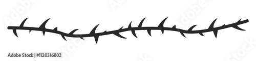 Thorn stem vine plant with spikes simple border y2k creepy branch. Barbed wire tattoo. Boundary frame. 