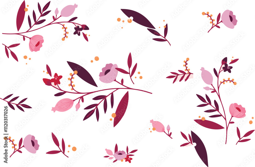 Fototapeta premium Seamless pattern. Background. Flowers, leaves. Flyer background design, advertising background, fabric, clothes, texture, textile pattern.