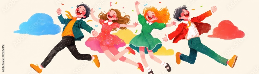 Joyful Kids in Colorful Party Outfits Jumping in the Air Vibrant Celebration, Fun, and Laughter for Stock Photography and Marketing Needs Joyful Kids in Colorful Party Outfits Jumping in the Air Vibrant Celebration, Fun, and Laughter for Stock Photography and Marketing Needs