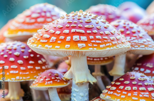 A cluster of vibrant red mushrooms with white spots, showcasing natural beauty. photo