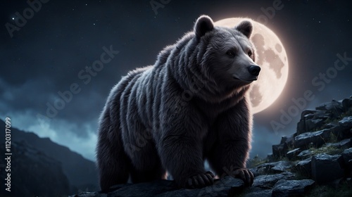Majestic bear standing under a glowing full moon in a tranquil night