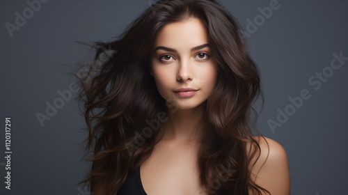 Studio shot of an attractive brunette woman posing confidently for the camera with a smile.