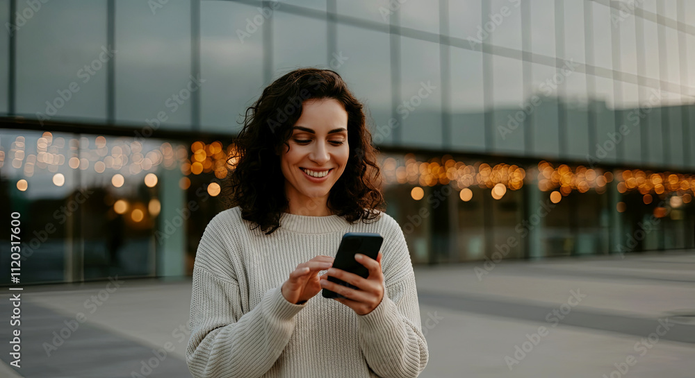 Fototapeta premium A woman in a cozy sweater enjoys a moment of connection on her phone. The urban backdrop with blurred lights adds warmth to the cool evening. Generated AI.