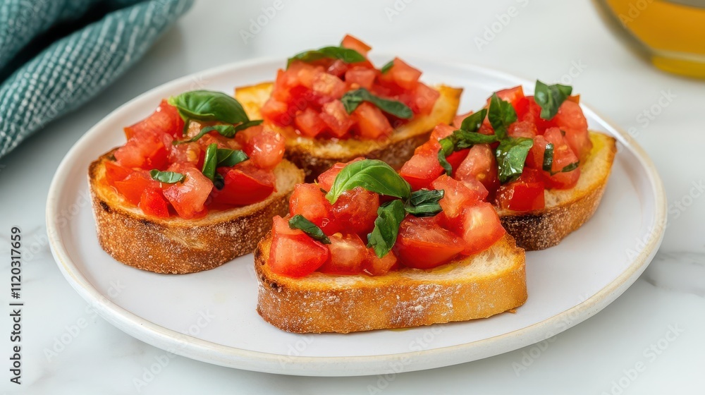 Bruschetta topped with fresh tomatoes, basil, and olive oil, rustic and vibrant Mediterranean flavor Bruschetta topped with fresh tomatoes, basil, and olive oil, rustic and vibrant Mediterranean flavor