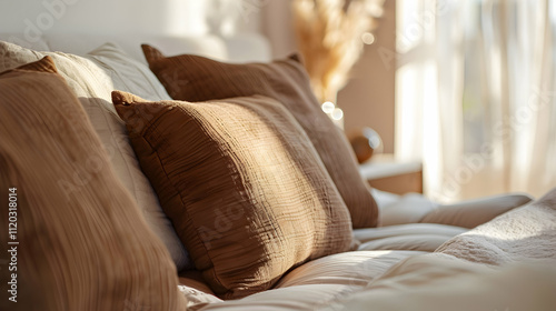 Close up of brown pillows on cozy empty bed