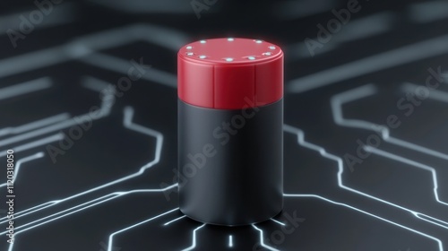 A cylindrical electronic component with a red top and black base.