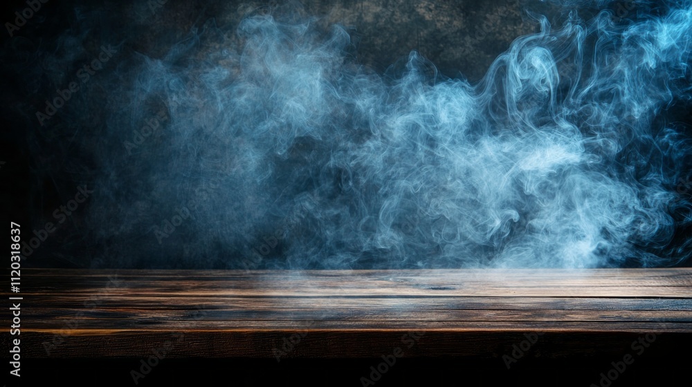 An empty wooden table stands under a dim light, with soft tendrils of smoke swirling gently upwards, creating a mysterious and serene atmosphere that invites contemplation