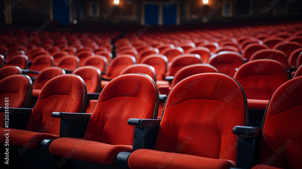 The audience seating area in a theater, showcasing empty seats awaiting attendees for an event. The audience seating area in a theater, showcasing empty seats awaiting attendees for an event.