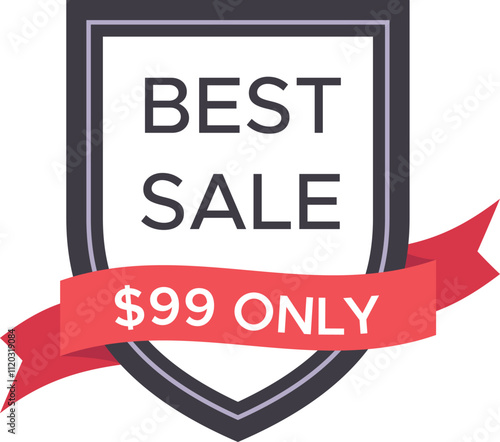 Ninety nine dollar sale offer prominently displayed on a shield, featuring a vibrant red ribbon, highlighting significant discounts and exceptional value for savvy shoppers