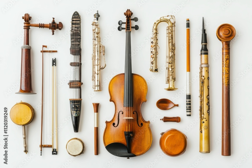 Naklejka premium Variety of musical instruments arranged neatly.