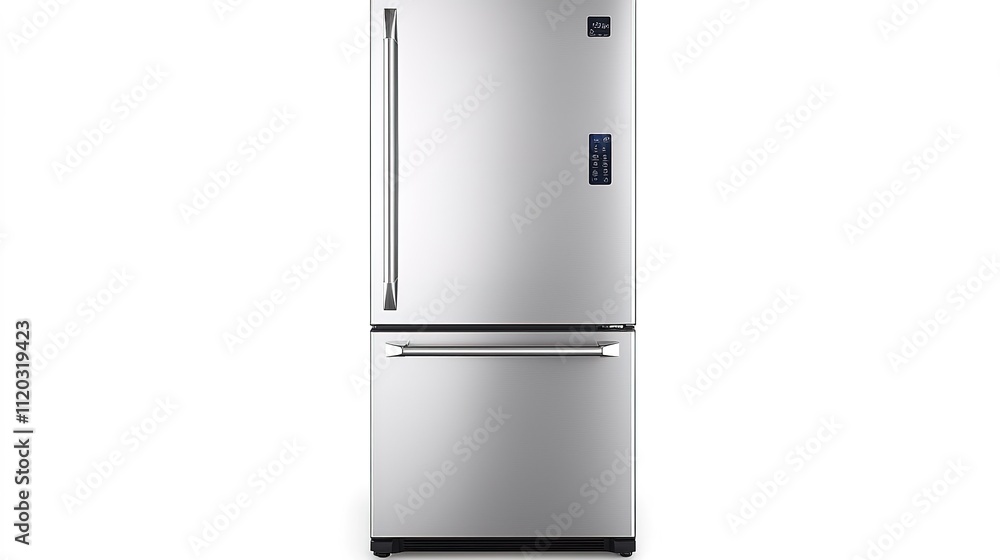 A sleek, modern refrigerator with a stainless steel finish, featuring a top freezer and a user-friendly digital control panel. A sleek, modern refrigerator with a stainless steel finish, featuring a top freezer and a user-friendly digital control panel.