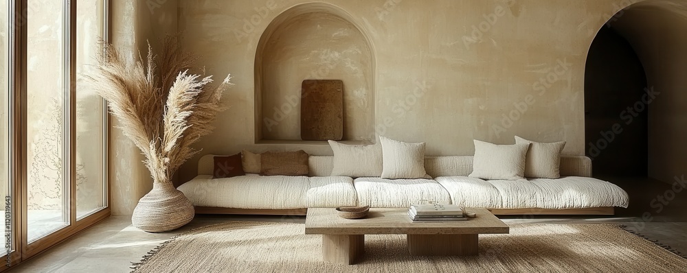 Fototapeta premium Modern living room with neutral tones and natural textures