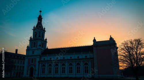 A medieval church silhouette during sunset, deep oranges and reds filling the sky, the spires and arches dark against the vibrant backdrop, an air of history and tranquility,