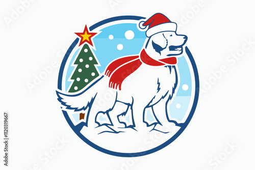 Adorable beige puppy Pug in a Santa's cap and with a red Christmas glass toy. New Year card, t-shirt composition, handmade vector illustration.
