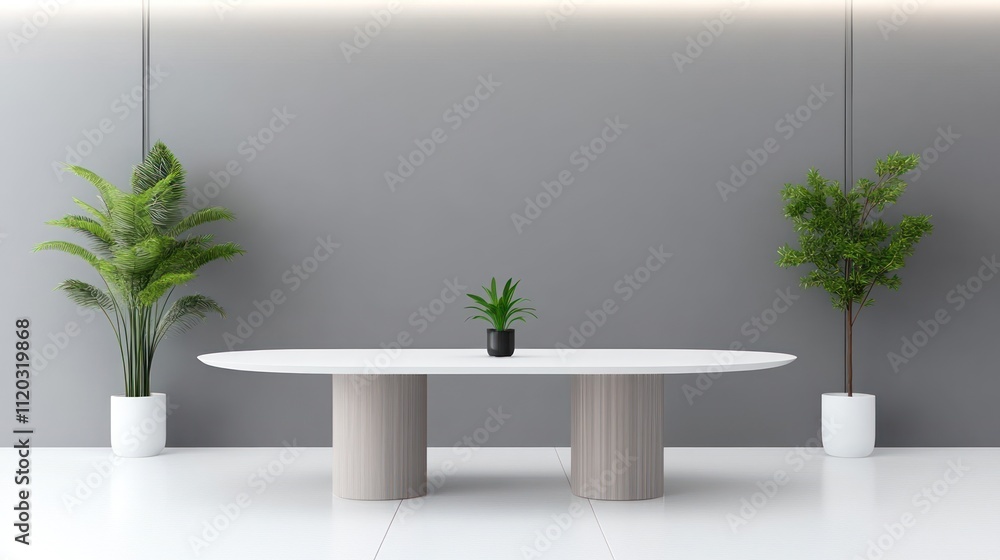 Modern minimalist interior with a table and potted plants. Modern minimalist interior with a table and potted plants.