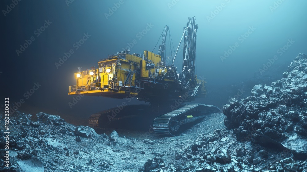 Deep sea mining operation for raw nodules, futuristic underwater machinery extracting precious materials, vast ocean floor, vibrant marine life, intricate textures, high-tech gear Deep sea mining operation for raw nodules, futuristic underwater machinery extracting precious materials, vast ocean floor, vibrant marine life, intricate textures, high-tech gear