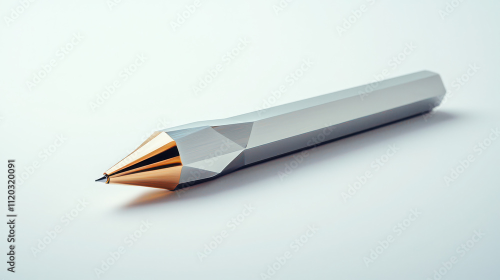 Floating precision machined metal writing implement on pristine white geometric design in a sleek environment for creative professionals Floating precision machined metal writing implement on pristine white geometric design in a sleek environment for creative professionals