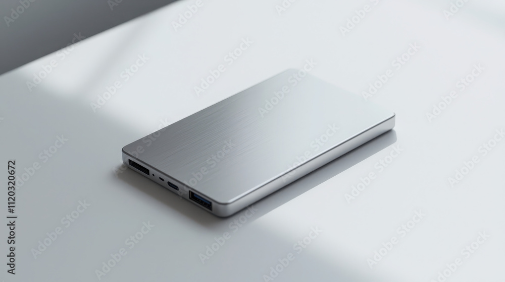 Showcase of sleek usbc portable external hard drive on white background featuring ultra-slim profile and metallic body design Showcase of sleek usbc portable external hard drive on white background featuring ultra-slim profile and metallic body design