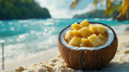 Tropical pineapple dessert in coconut shell on beach.