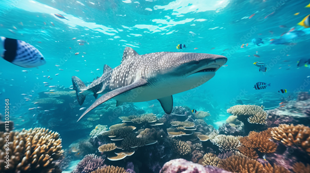 Fototapeta premium Underwater footage of dolphins gracefully swimming in the ocean, showcasing their natural beauty and agility.