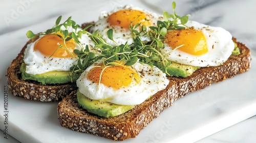 Two slices of whole-wheat toast topped with mashed avocado, fried eggs, and microgreens.